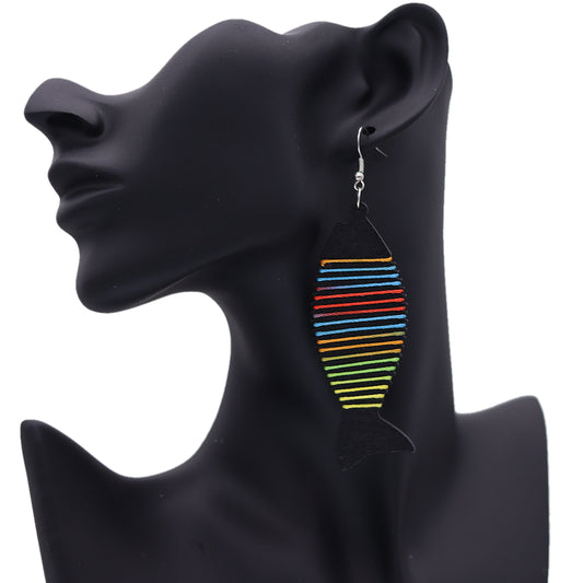 Black Multicolor Wooden Woven Fish Earrings