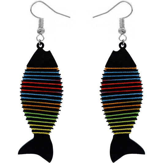 Black Multicolor Wooden Woven Fish Earrings