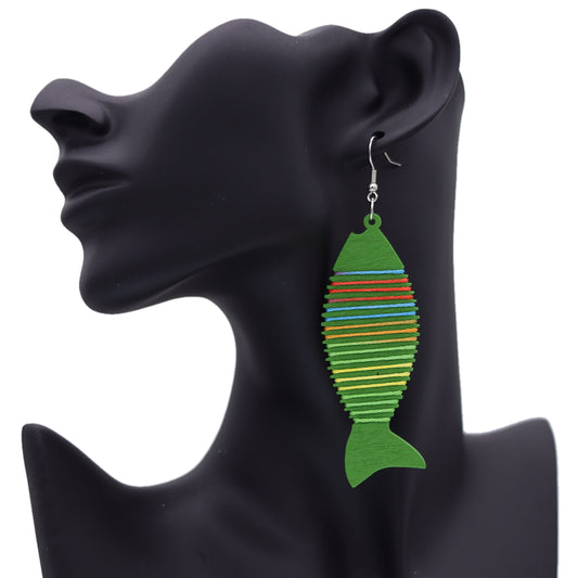Green Multicolor Wooden Woven Fish Earrings