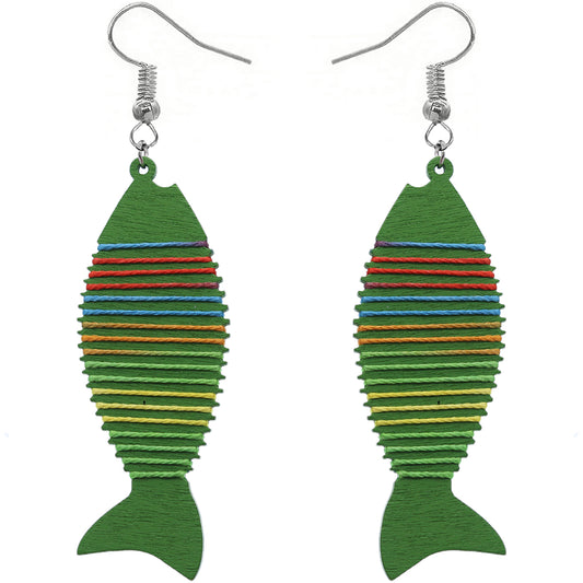 Green Multicolor Wooden Woven Fish Earrings