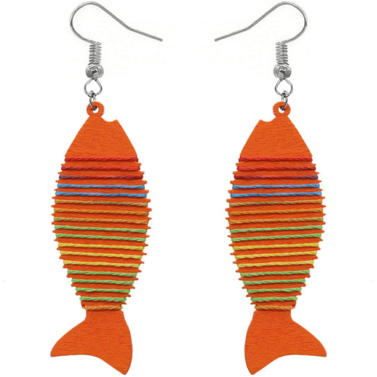 Orange Multicolor Wooden Woven Fish Earrings
