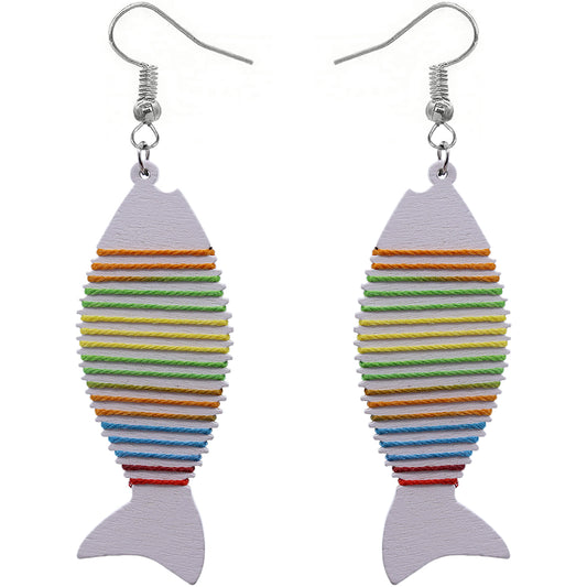 White Multicolor Wooden Woven Fish Earrings