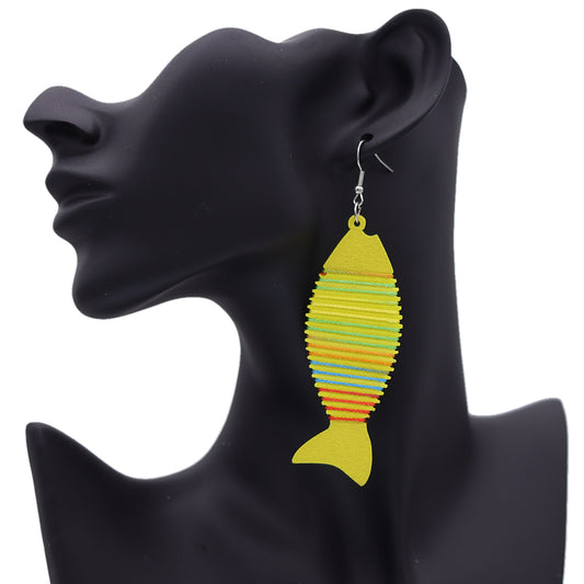 Yellow Multicolor Wooden Woven Fish Earrings
