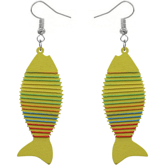 Yellow Multicolor Wooden Woven Fish Earrings