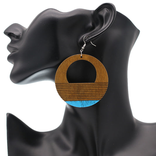 Brown Wooden Blue Painted Circular Earrings