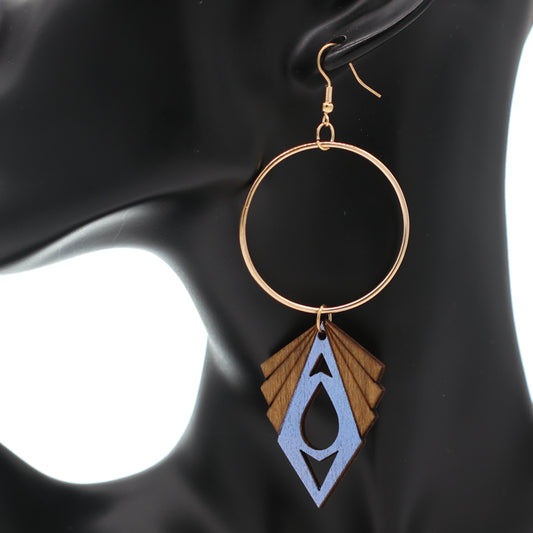 Blue Geometric Wooden Hoop Earrings