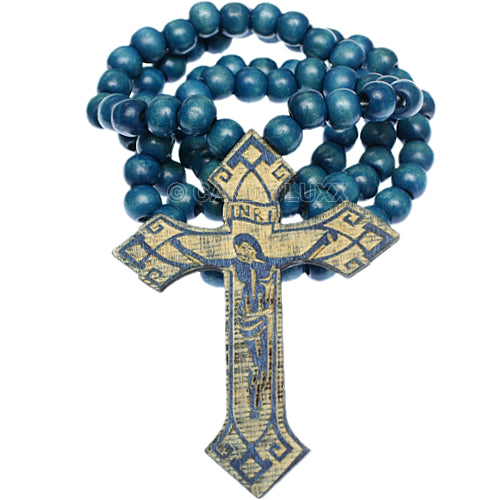 Blue Wooden Beaded Cross Necklace