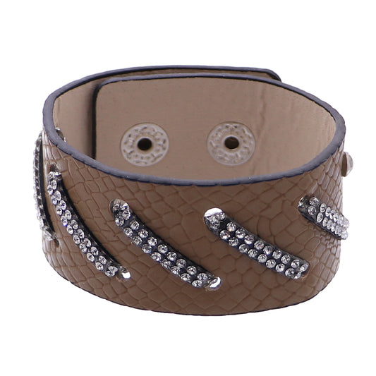 Brown Faux Leather Rhinestone Snap Bracelet