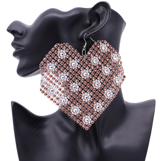 Brown Mesh Rhinestone Heart Earrings
