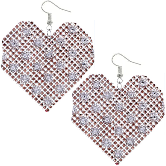 Brown Mesh Rhinestone Heart Earrings