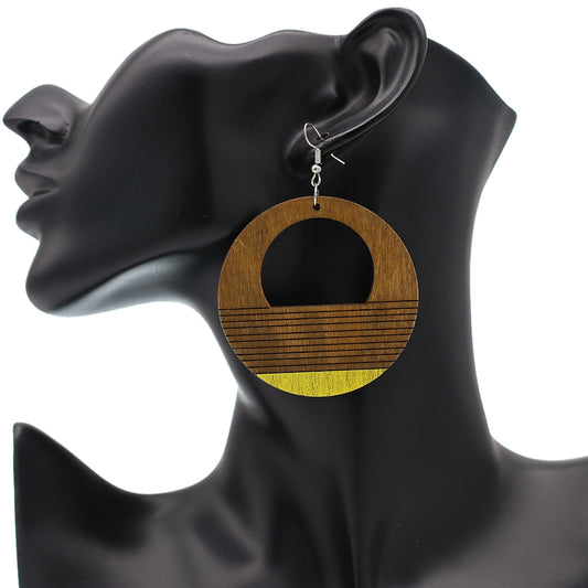 Brown Wooden Yellow Painted Circular Earrings