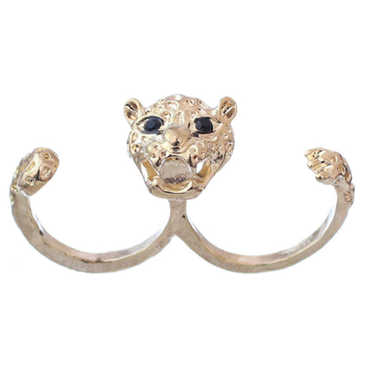 Gold Cheetah Face Double Cuff Finger Ring