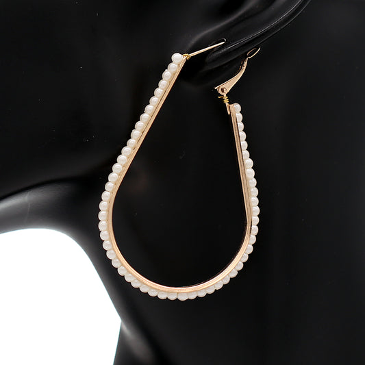 Gold Faux Pearl Teardrop Hoop Earrings