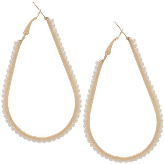Gold Faux Pearl Teardrop Hoop Earrings