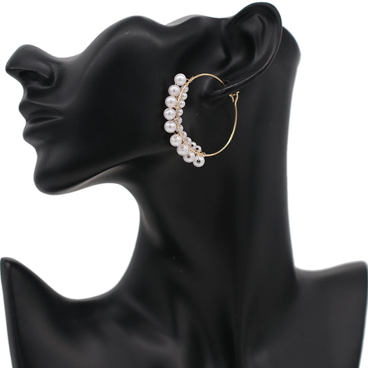 Gold Faux Pearl Wire Hoop Earrings