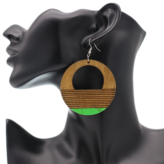 Brown Wooden Green Painted Circular Earrings
