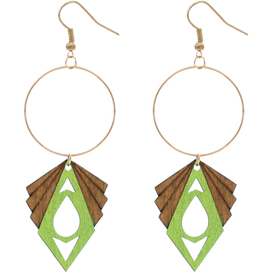 Green Geometric Wooden Hoop Earrings