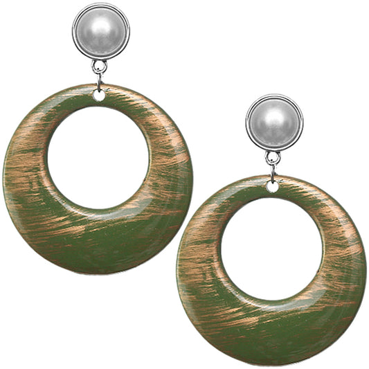 Green Brush Textured Circle Clip-On Earrings