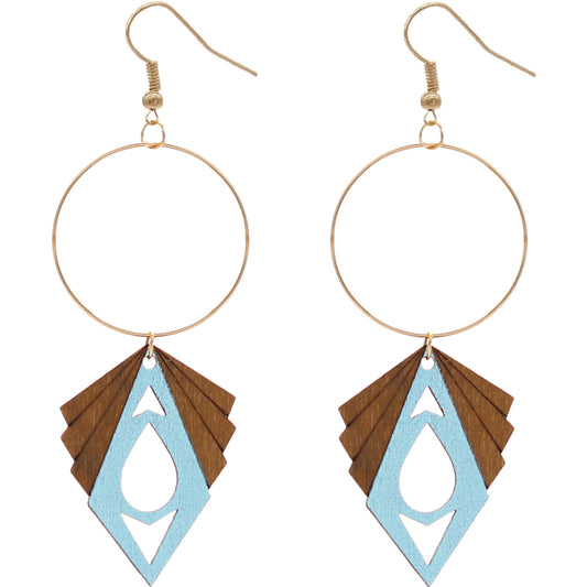 Light Blue Geometric Wooden Hoop Earrings