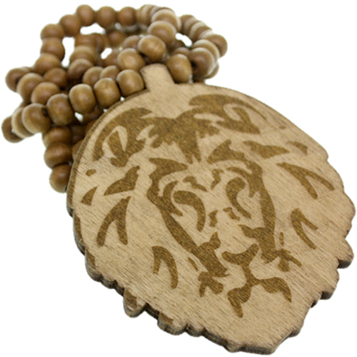 Light Brown Wooden Lion Head Beaded Necklace