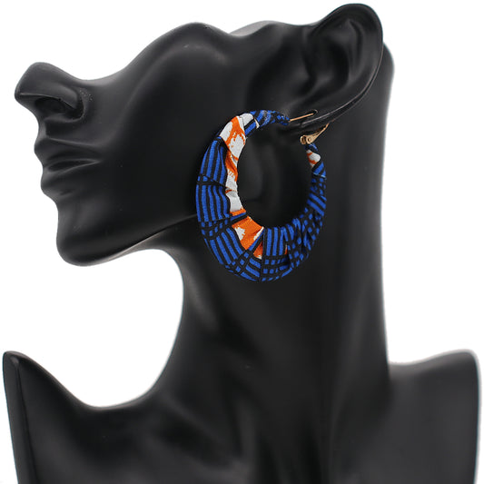 Blue Orange Fabric Wrapped Hoop Earrings