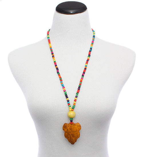 Yellow Multicolor Wooden Beaded Leaf Charm Necklace