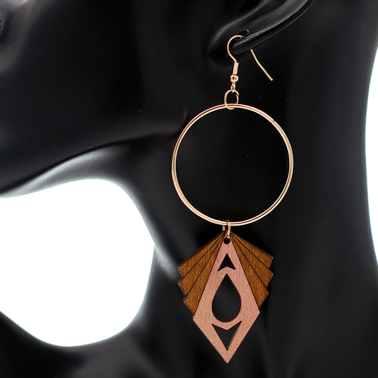 Peach Geometric Wooden Hoop Earrings