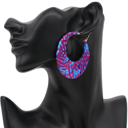 Pink Blue Fabric Wrapped Hoop Earrings