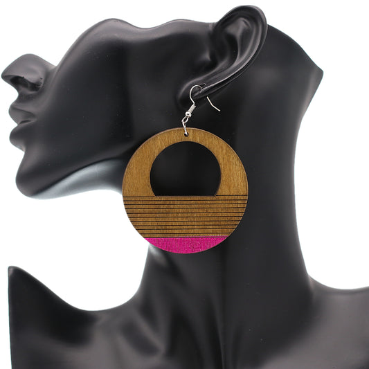 Brown Wooden Pink Painted Circular Earrings