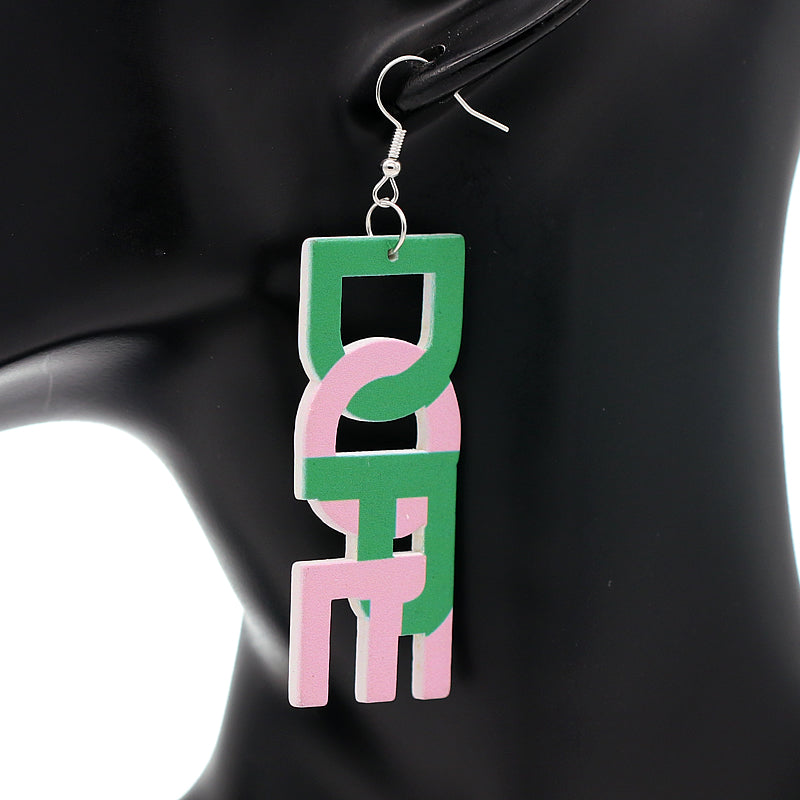 Pink Green Dope Wooden Letter Earrings