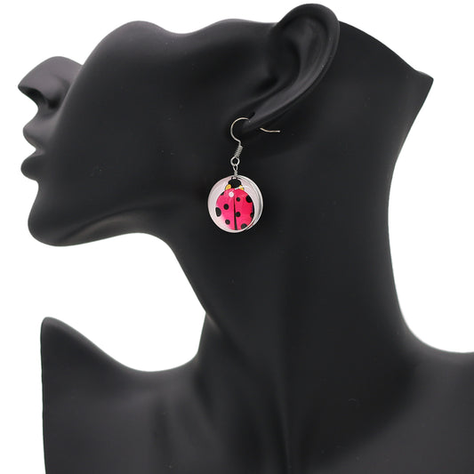 Pink Ladybug Dome Cabochon Mini Earrings