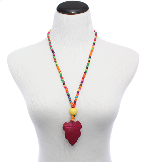 Pink Multicolor Wooden Beaded Leaf Charm Necklace