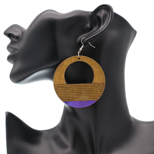 Brown Wooden Purple Painted Circular Earrings
