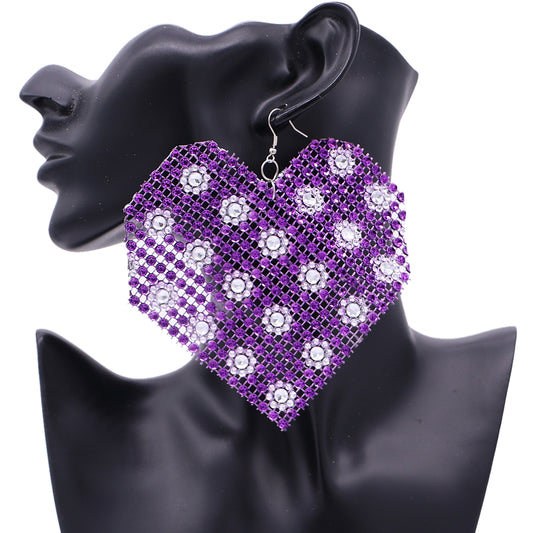 Purple Mesh Rhinestone Heart Earrings