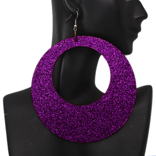 Purple Big Wooden Glitter Hoop Earrings