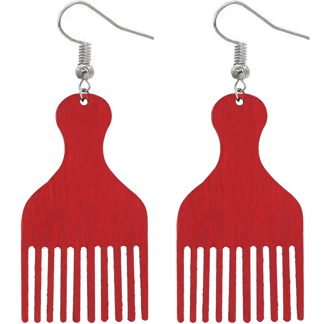 Red Afro Pick Comb Afrocentric Wooden Earrings