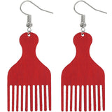 Red Afro Pick Comb Afrocentric Wooden Earrings