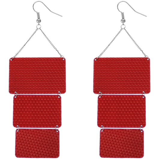 Red Triple Square Link Drop Earrings
