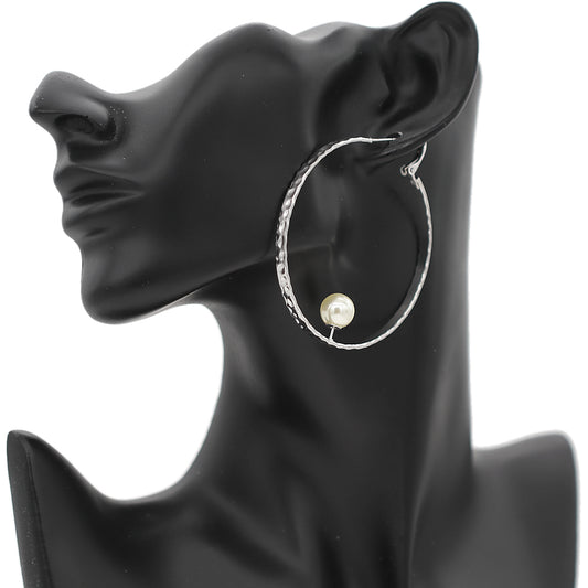 Silver Faux Pearl Hammered Hoop Earrings