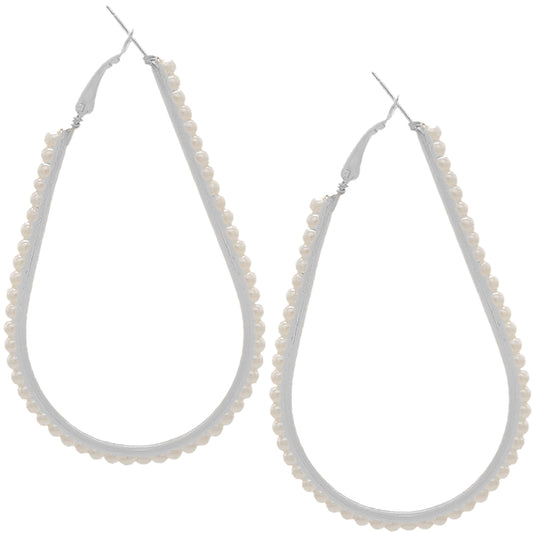 Silver Faux Pearl Teardrop Hoop Earrings