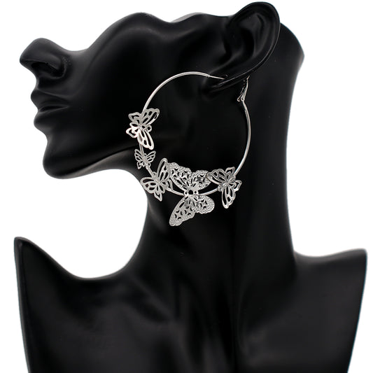 Silver Large Butterfly Hoop Earrings