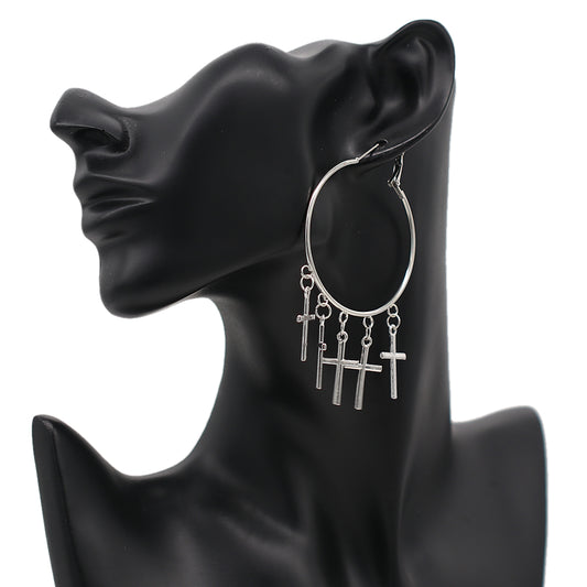Silver Cross Round Hoop Earrings