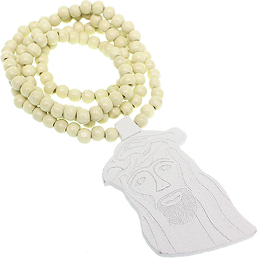 White Wooden Beaded Jesus Piece Necklace