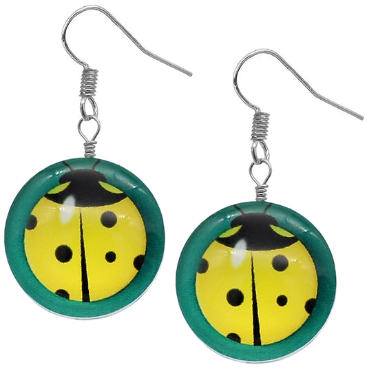 Yellow Teal Ladybug Dome Cabochon Mini Earrings