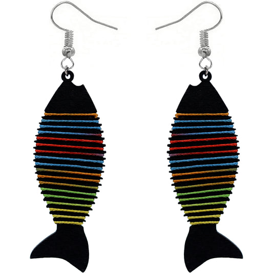 Black Multicolor Wooden Woven Fish Earrings