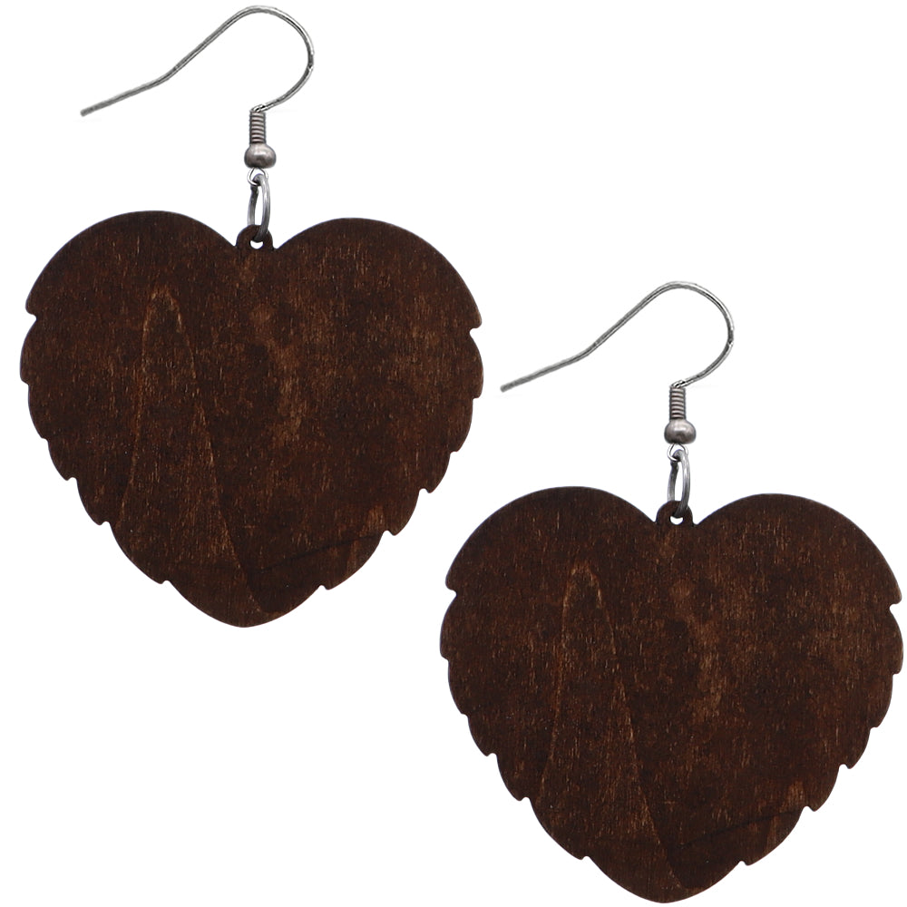 Dark Brown Wooden Heart Double Wing Earrings