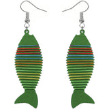 Green Multicolor Wooden Woven Fish Earrings
