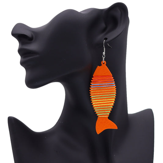 Orange Multicolor Wooden Woven Fish Earrings