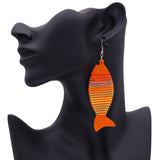 Orange Multicolor Wooden Woven Fish Earrings