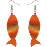 Orange Multicolor Wooden Woven Fish Earrings